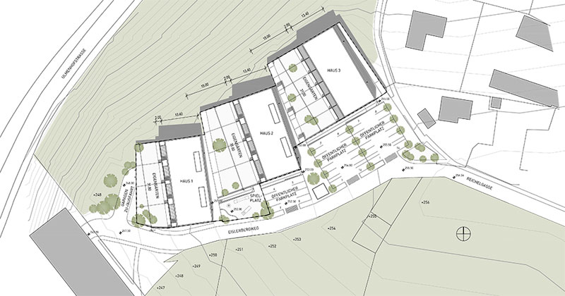 Gliederung in drei Einzelhäuser mit dazwischen liegenden Wohnhöfen - Planansicht © ArchOffice Zweiquadrat ZT GmbH Wien